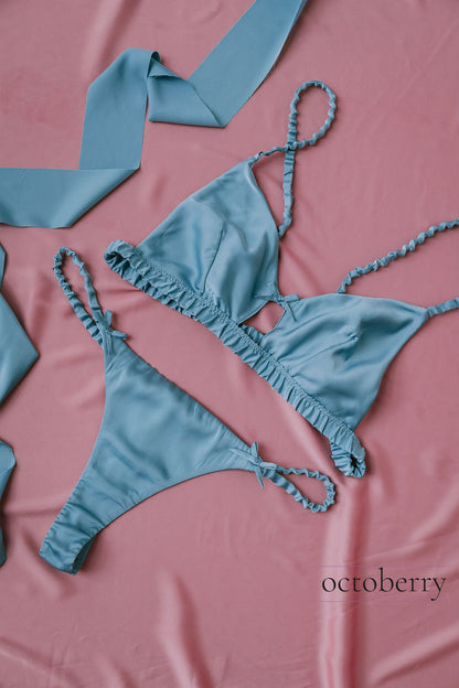 Mavi İpek Saten Bralet String Takımı